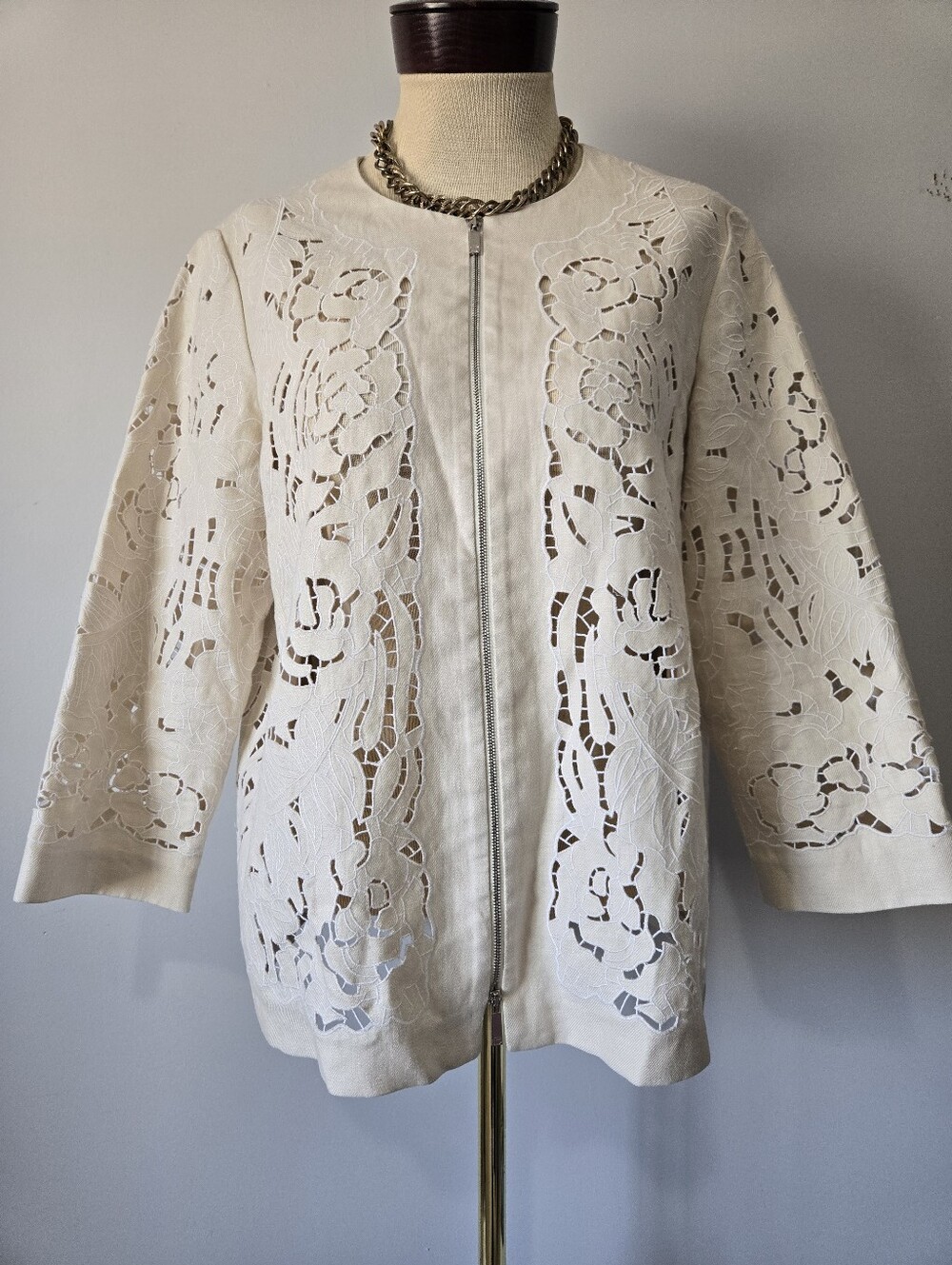 Lafayette 148 New York Hadara embroidered linen jacket intricate Laser Cutouts.